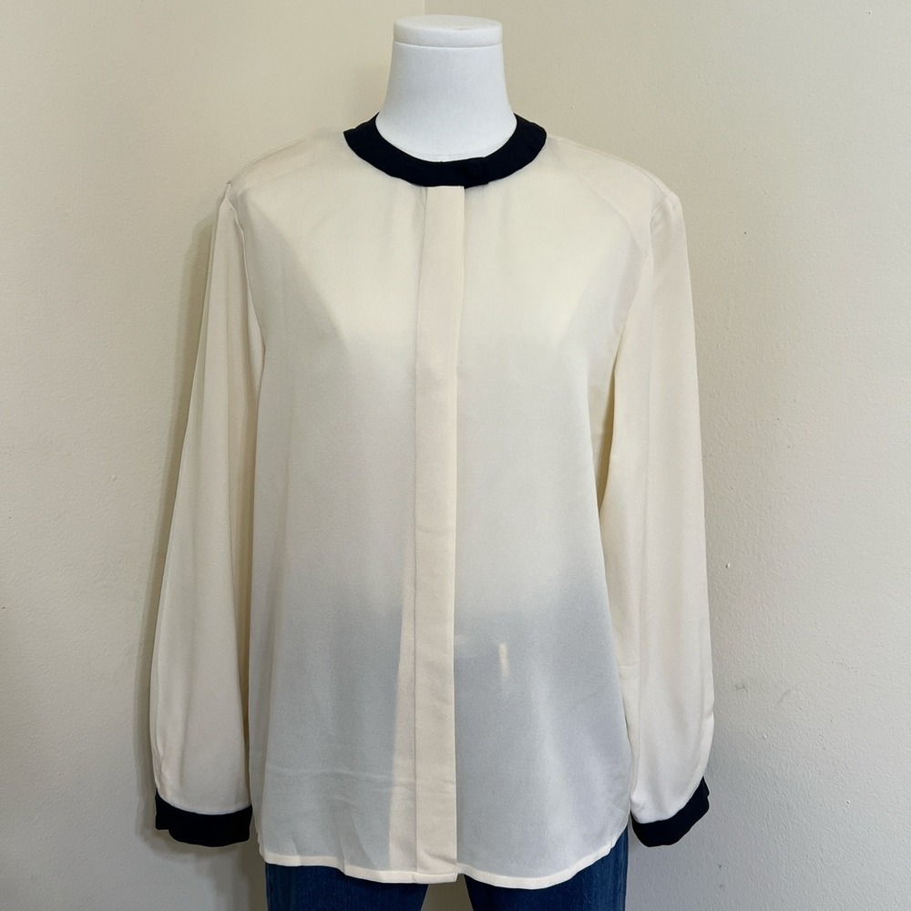 Austin Reed 100% Silk Blouse Ivory Black Trim Long Sleeve Womens Sz10